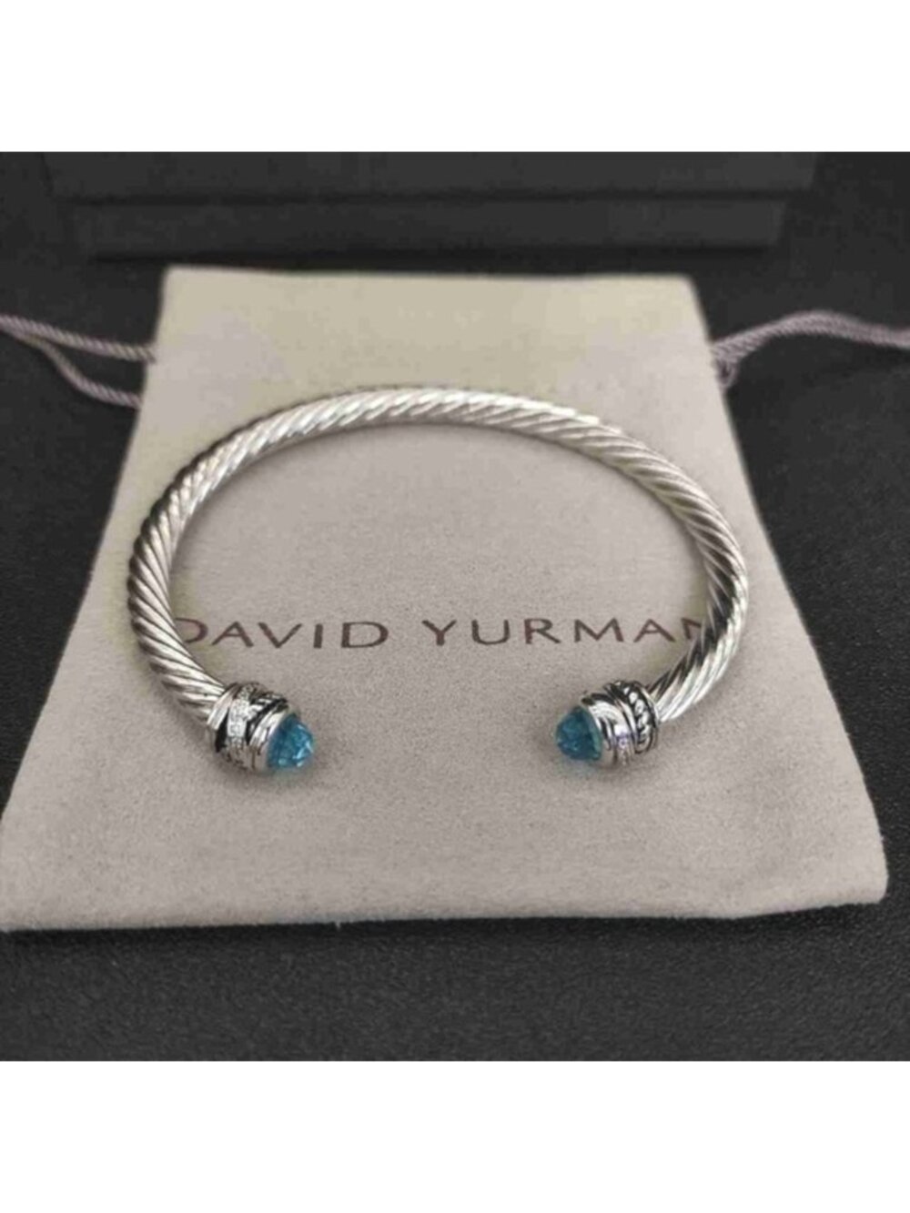 David Yurman 5mm Sterling Silver Cable Cuff Bracelet with Blue Topaz & Diamonds